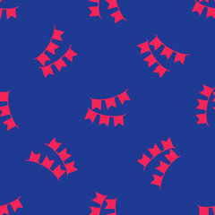 Red Carnival garland with flags icon isolated seamless pattern on blue background. Party pennants for birthday celebration, festival decoration. Vector