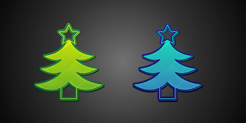 Obraz na płótnie Canvas Green and blue Christmas tree icon isolated on black background. Merry Christmas and Happy New Year. Vector