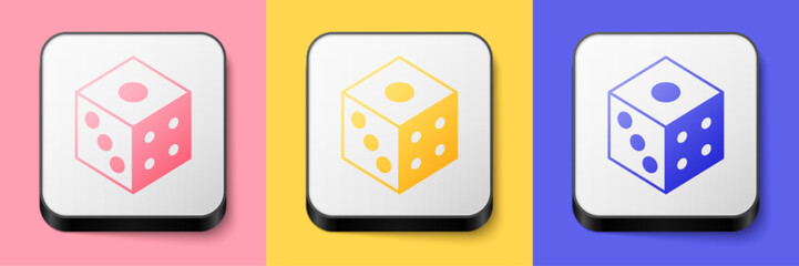 Isometric Game dice icon isolated on pink, yellow and blue background. Casino gambling. Square button. Vector