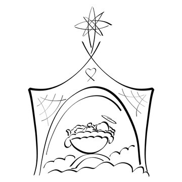 recommend clip art: Holy newborn baby Jesus lies in a manger in a stable under a shining star, black outline