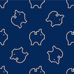 Fototapeta premium Line Piggy bank icon isolated seamless pattern on blue background. Icon saving or accumulation of money, investment. Vector