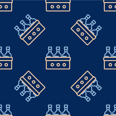 Line Bottles of wine in a wooden box icon isolated seamless pattern on blue background. Wine bottles in a wooden crate icon. Vector