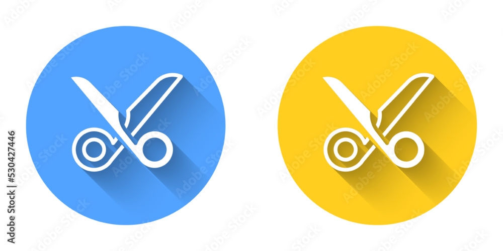 Poster White Scissors icon isolated with long shadow background. Cutting tool sign. Circle button. Vector