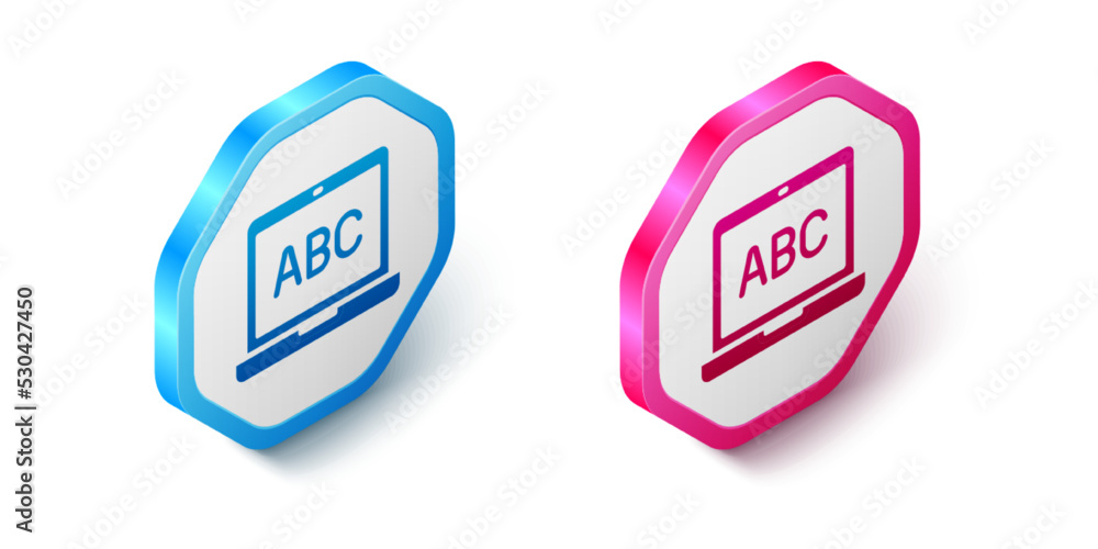Poster Isometric Laptop icon isolated on white background. Computer notebook with empty screen sign. Hexagon button. Vector
