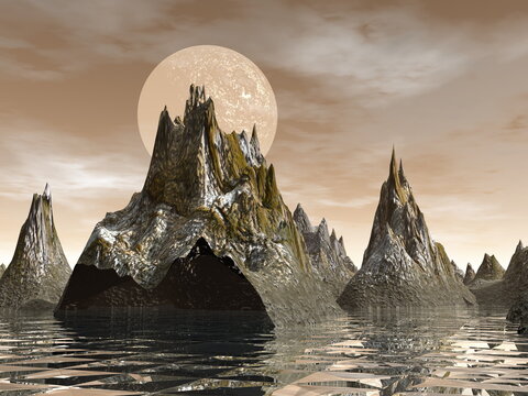 Night fantasy lansdcape with cliffs, moon and water - 3D render