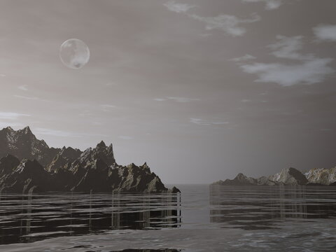 Night fantasy lansdcape with cliffs, moon and water - 3D render