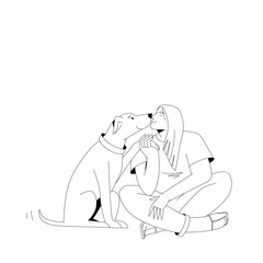 A woman holds a pet by the paw and kisses.