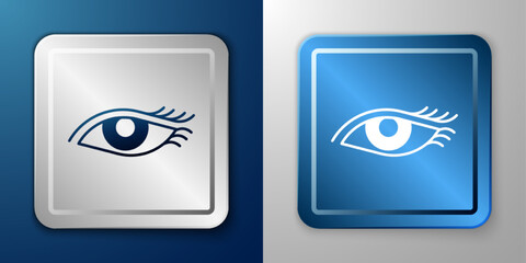 White Beautiful woman eye icon isolated on blue and grey background. Silver and blue square button. Vector