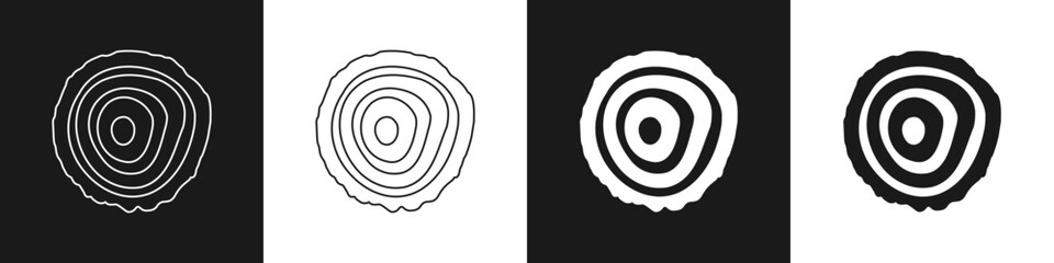 Set Tree rings icon isolated on black and white background. Wooden cross section. Vector
