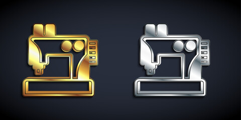 Gold and silver Sewing machine icon isolated on black background. Long shadow style. Vector