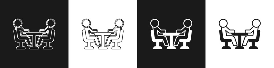 Set Meeting icon isolated on black and white background. Business team meeting, discussion concept, analysis, content strategy. Presentation conference. Vector