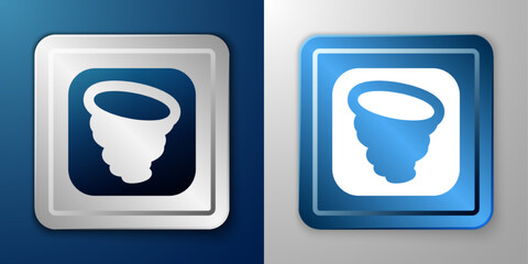 White Tornado icon isolated on blue and grey background. Cyclone, whirlwind, storm funnel, hurricane wind or twister weather icon. Silver and blue square button. Vector