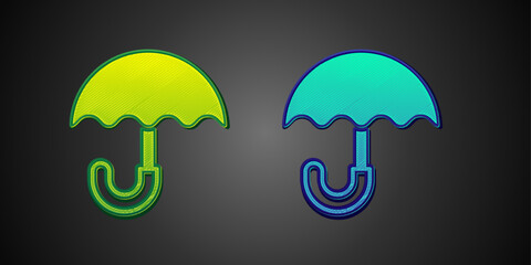 Green and blue Classic elegant opened umbrella icon isolated on black background. Rain protection symbol. Vector