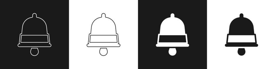 Set Merry Christmas ringing bell icon isolated on black and white background. Alarm symbol, service bell, handbell sign, notification. Vector