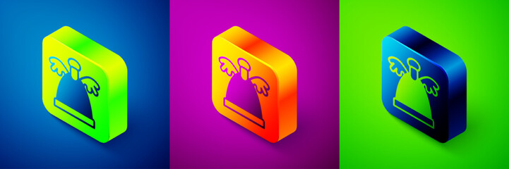 Isometric Angel icon isolated on blue, purple and green background. Merry Christmas and Happy New Year. Square button. Vector