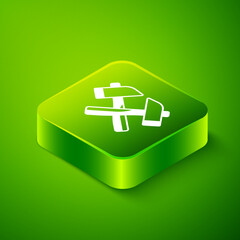 Obraz premium Isometric Crossed hammer icon isolated on green background. Tool for repair. Green square button. Vector