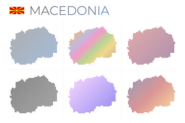 Fototapeta na wymiar Macedonia dotted map set. Map of Macedonia in dotted style. Borders of the country filled with beautiful smooth gradient circles. Attractive vector illustration.