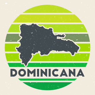 Dominicana logo. Sign with the map of country and colored stripes, vector illustration. Can be used as insignia, logotype, label, sticker or badge of the Dominicana.