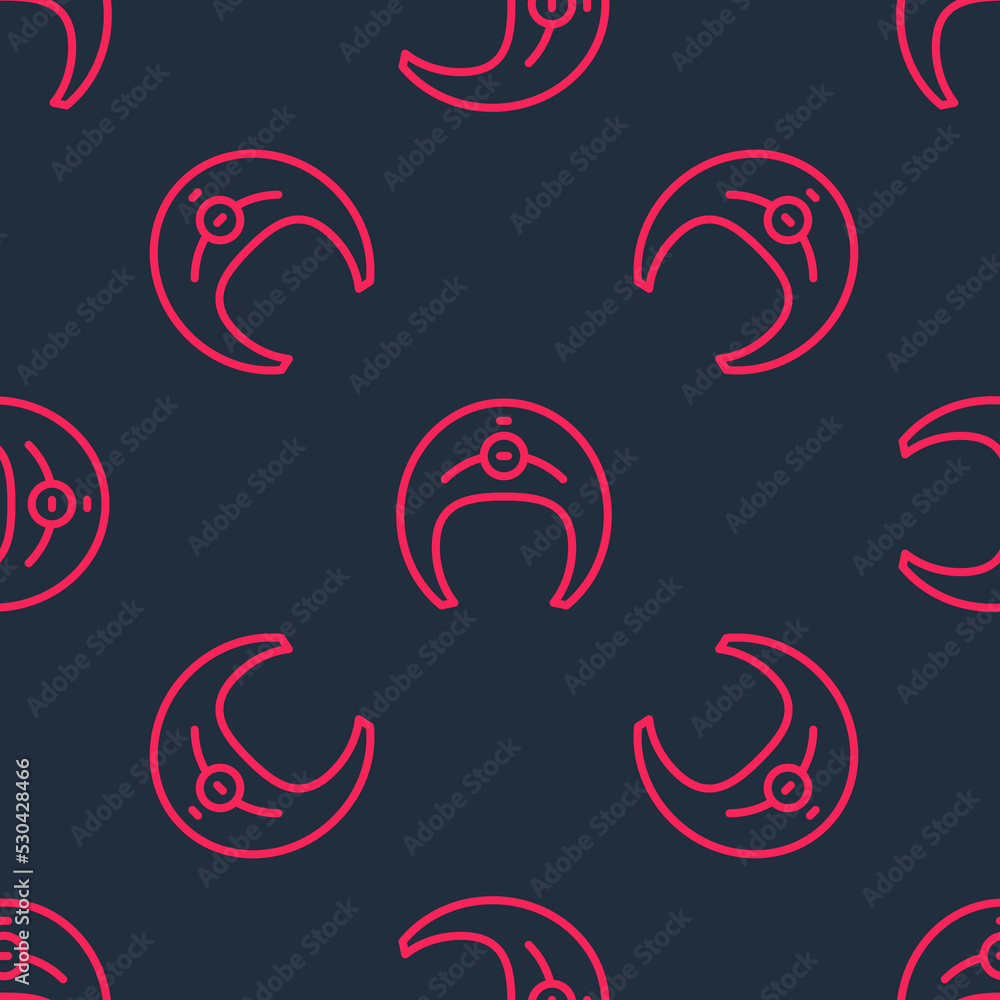 Poster red line fish steak icon isolated seamless pattern on black background. vector