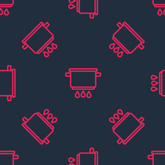 Red line Cooking pot on fire icon isolated seamless pattern on black background. Boil or stew food symbol. Vector