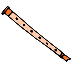 orange flute icon. musical instrument painted in doodle style musical wind instrument, orange whistle with black outline on white for design template