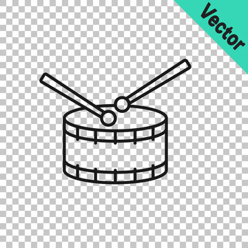 Black line Drum with drum sticks icon isolated on transparent background. Music sign. Musical instrument symbol. Vector