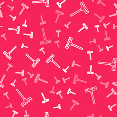 Fototapeta premium White line Garden rake icon isolated seamless pattern on red background. Tool for horticulture, agriculture, farming. Ground cultivator. Housekeeping equipment. Vector