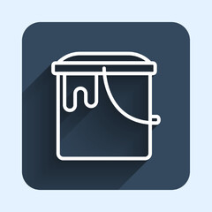 White line Paint bucket icon isolated with long shadow background. Blue square button. Vector