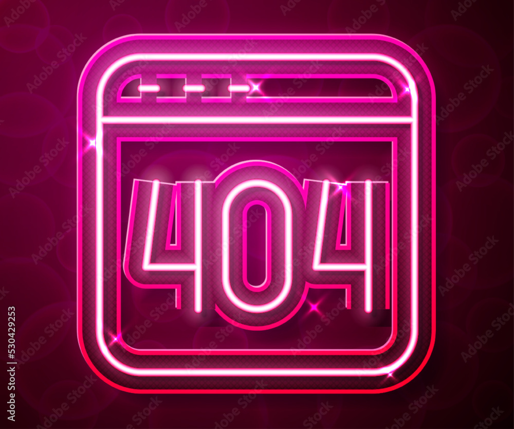 Aufkleber glowing neon line page with a 404 error icon isolated on red background. template reports that the p