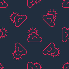 Fototapeta na wymiar Red line Sun and cloud weather icon isolated seamless pattern on black background. Vector