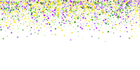 Seamless horizontal pattern beautiful scattered yellow, green, purple confetti on white background. Venetian carnival Mardi Gras party. Great for horizontal posters, header for website. Vector © tamaraluiza