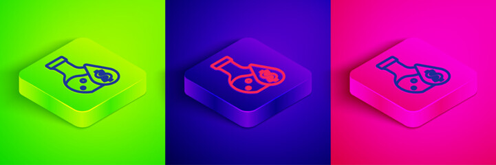 Isometric line Oil petrol test tube icon isolated on green, blue and pink background. Cmemistry flask and falling drop. Square button. Vector