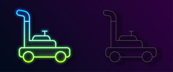 Glowing neon line Lawn mower icon isolated on black background. Lawn mower cutting grass. Vector