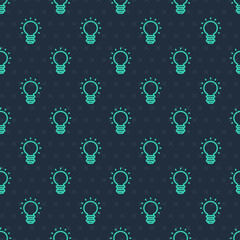 Green line Creative lamp light idea icon isolated seamless pattern on blue background. Concept ideas inspiration, invention, effective thinking, knowledge and education. Vector