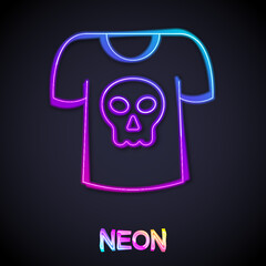 Glowing neon line Shirt with skull icon isolated on black background. Happy Halloween party. Vector