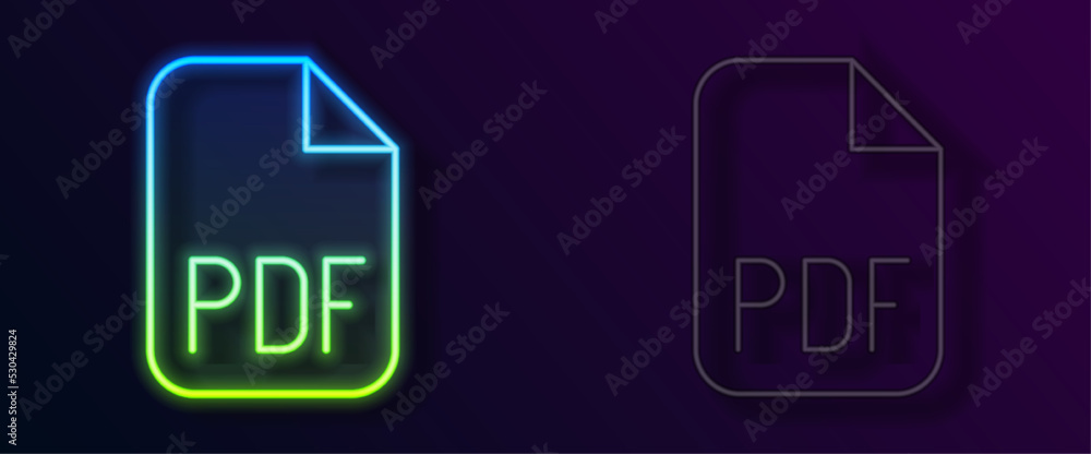 Poster glowing neon line pdf file document. download pdf button icon isolated on black background. pdf file