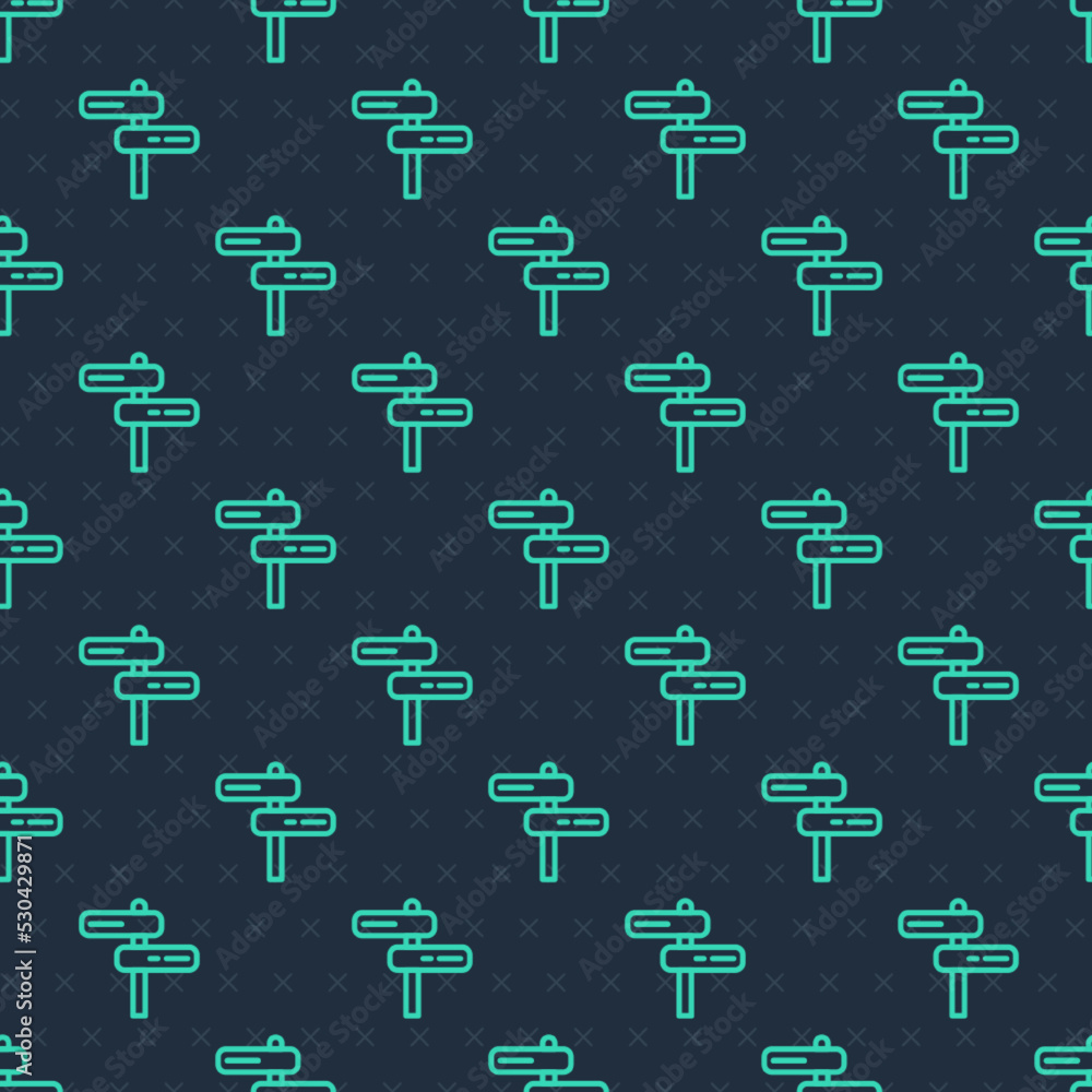Poster green line road traffic sign. signpost icon isolated seamless pattern on blue background. pointer sy