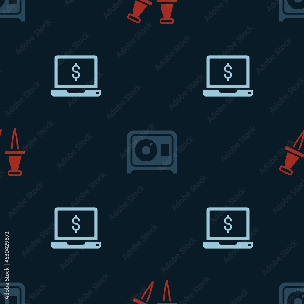 Poster set push pin, safe and laptop with dollar on seamless pattern. vector