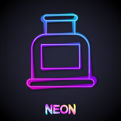 Glowing neon line Inkwell icon isolated on black background. Vector