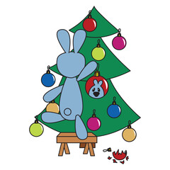 Bunny decorates the Christmas tree. Cute childish art in cartoon style. Vector illustration isolated on white background.