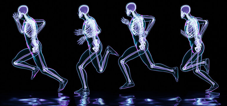 skeleton system of running man, bone Anatomy while run, human physical and sport, joggers, running man, medically accurate, fitness, Running human body in different stages, 3d render