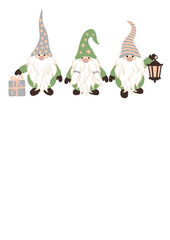 Three Christmas gnomes with gift and lamp clipart svg. Green, purple, beige