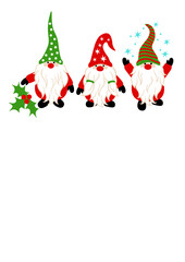 Three Christmas gnomes with snowflakes and flowers clipart svg. Green, red