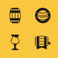 Set Wooden barrel, on rack, Glass of beer and Sausage icon with long shadow. Vector