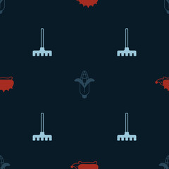 Set Hedgehog, Corn and Garden rake on seamless pattern. Vector