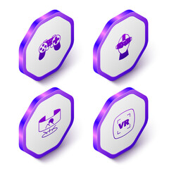 Set Isometric Gamepad, Virtual reality glasses, 360 degree view and icon. Purple hexagon button. Vector