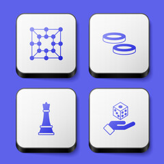 Set Board game, Checker chips, Chess and Game dice icon. White square button. Vector