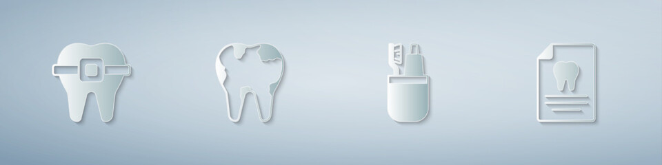 Fototapeta premium Set Teeth with braces, Broken tooth, Toothbrush and toothpaste and Clipboard dental card. Paper art style. Vector