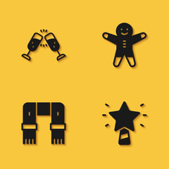 Set Glass of champagne, Christmas star, Winter scarf and Holiday gingerbread man cookie icon with long shadow. Vector