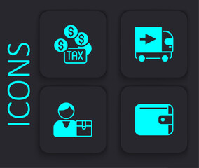 Set Wallet, Tax payment, Delivery cargo truck and Buyer icon. Black square button. Vector
